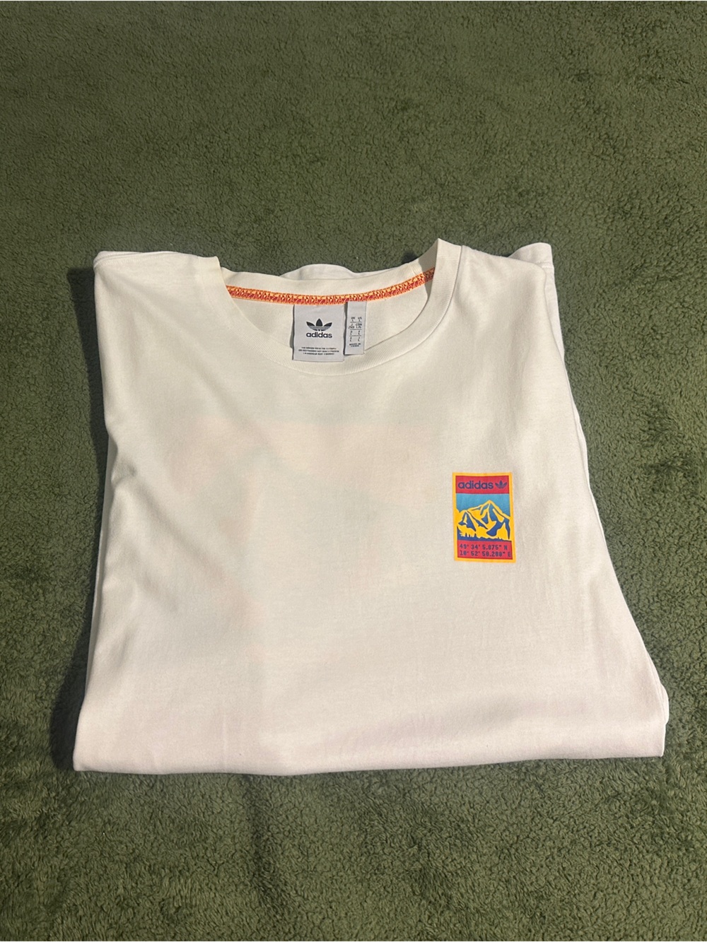 adidas White Crewneck T‑Shirt with Navy Logo and Orange Trim
